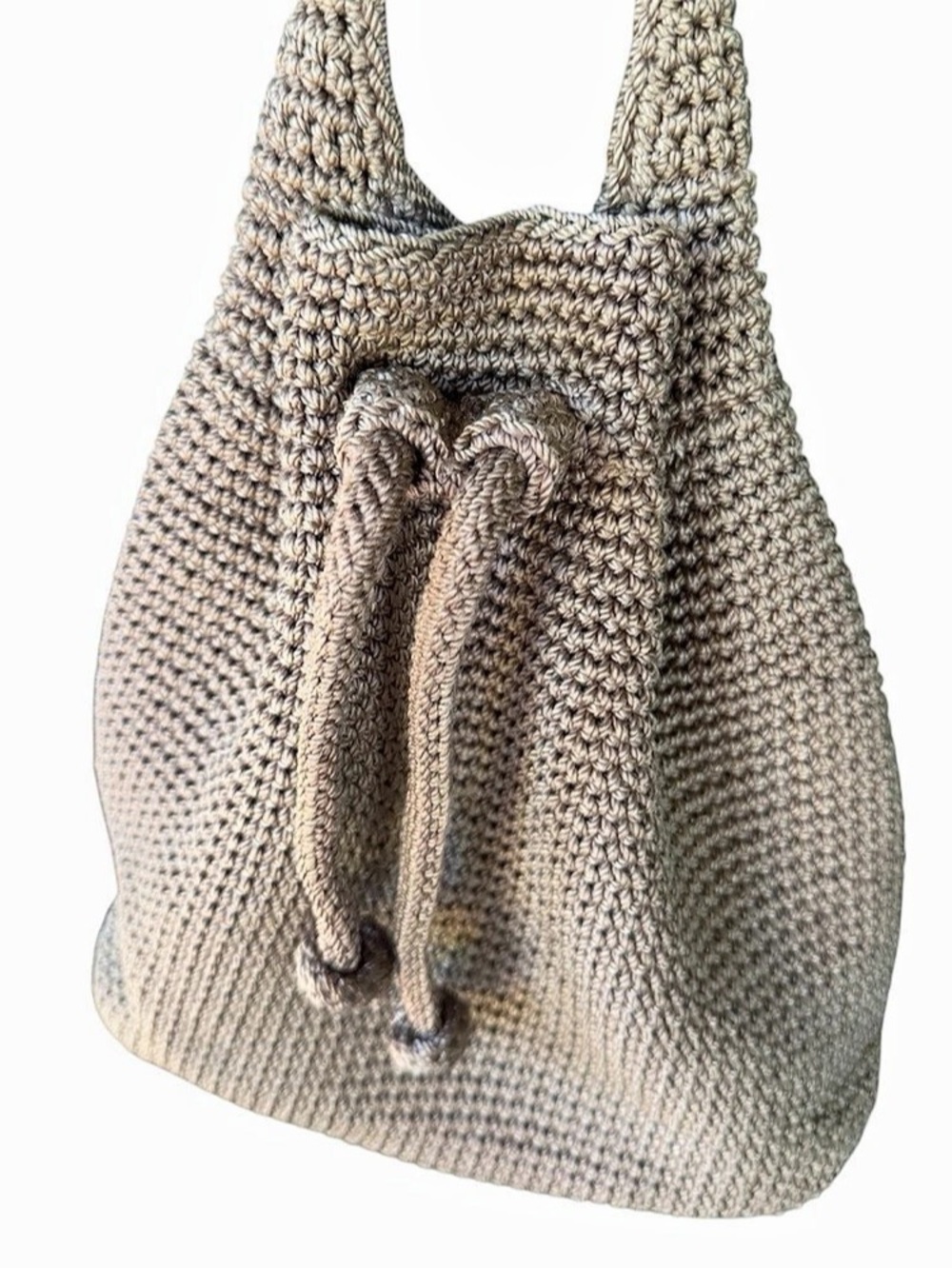 the sak Crochet Drawstring Bucket Shoulder Bag in Tan